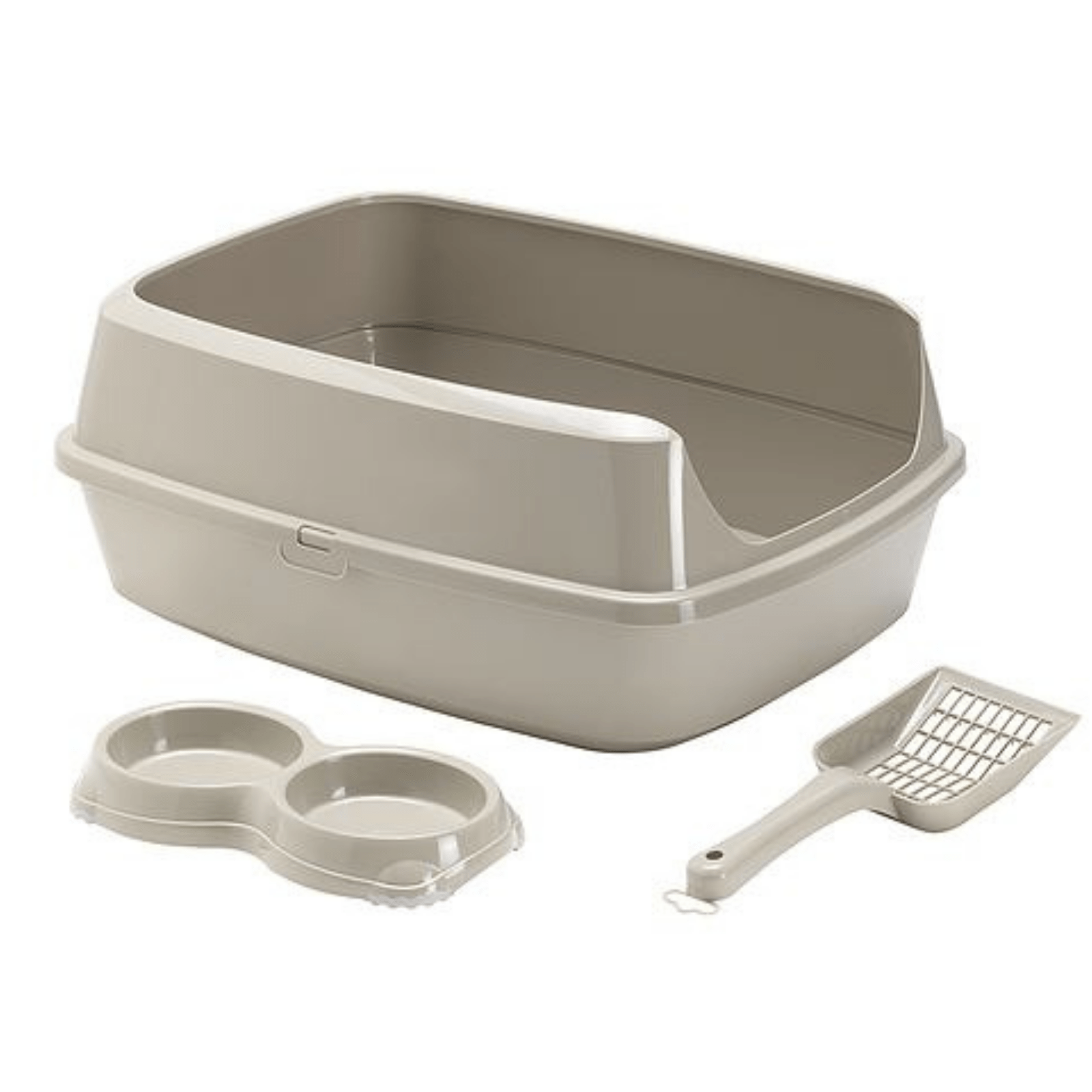 Moderna KitCat Starter Set - Cat Litter Box, Double Bowl & Scoop, Warm Grey